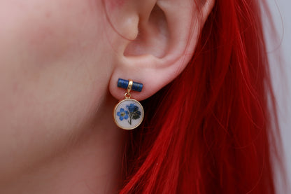 Blue Sodalite Earrings with Real forget me not flower - Handcrafted Botanical Jewelry