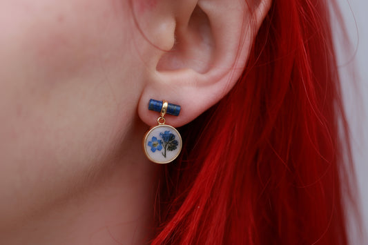 Blue Sodalite Earrings with Real forget me not flower - Handcrafted Botanical Jewelry