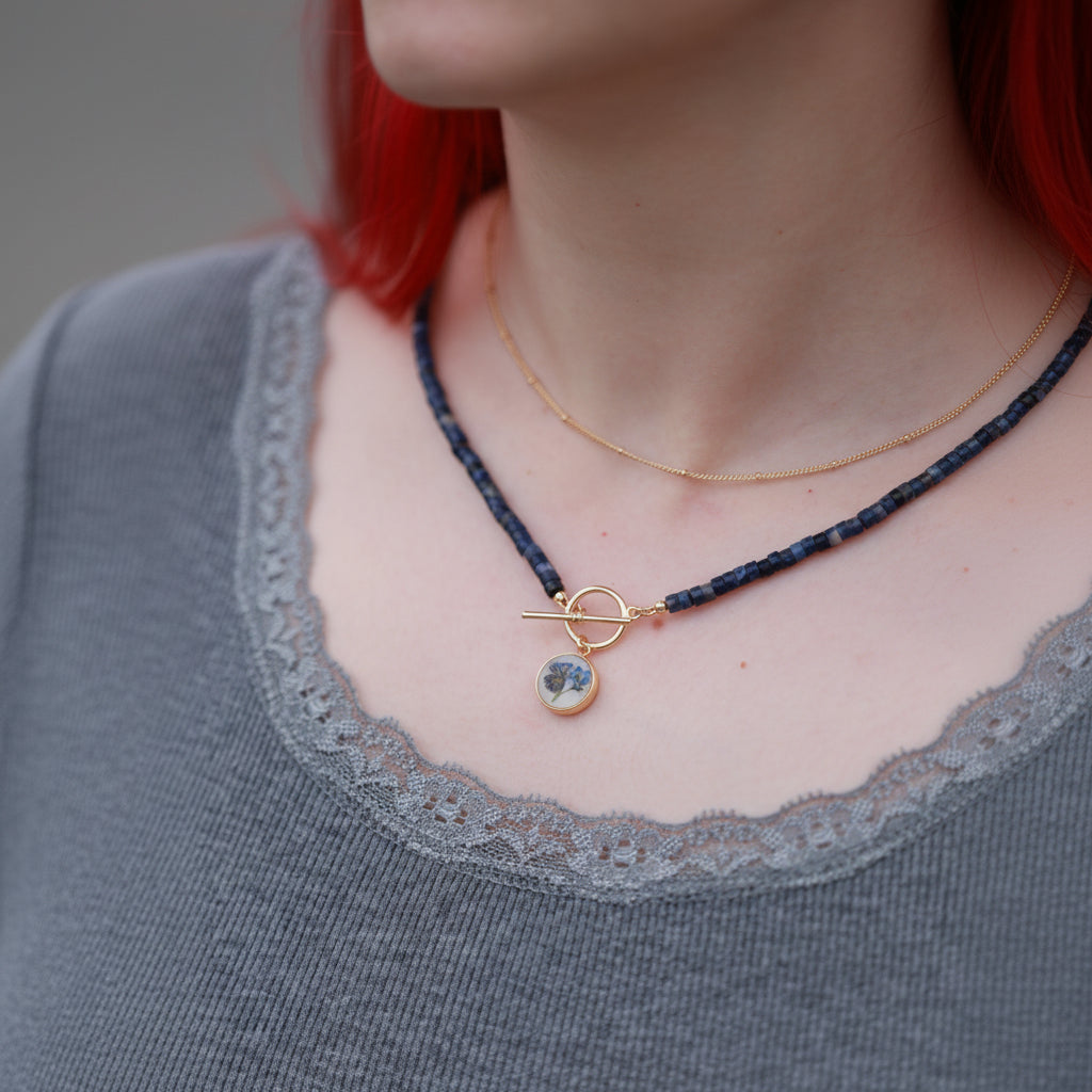 Forget Me Not necklace with Blue Sodalite Beads - Real Pressed Flower, Handcrafted Fine Botanical Jewelry