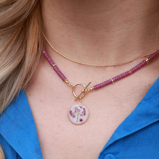 Handmade Spirea Flower Necklace with Violet beads - Delicate & Unique Nature Jewelry
