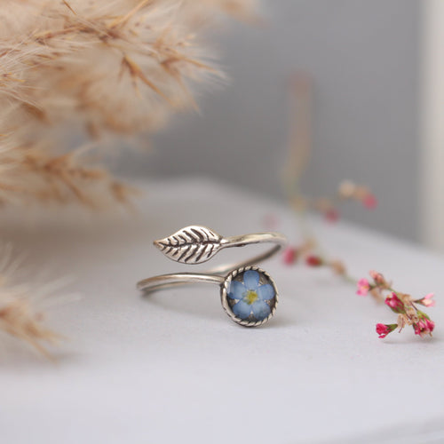 Botanical Leaf Adjustable Ring - Real Forget Me not in Clear resin