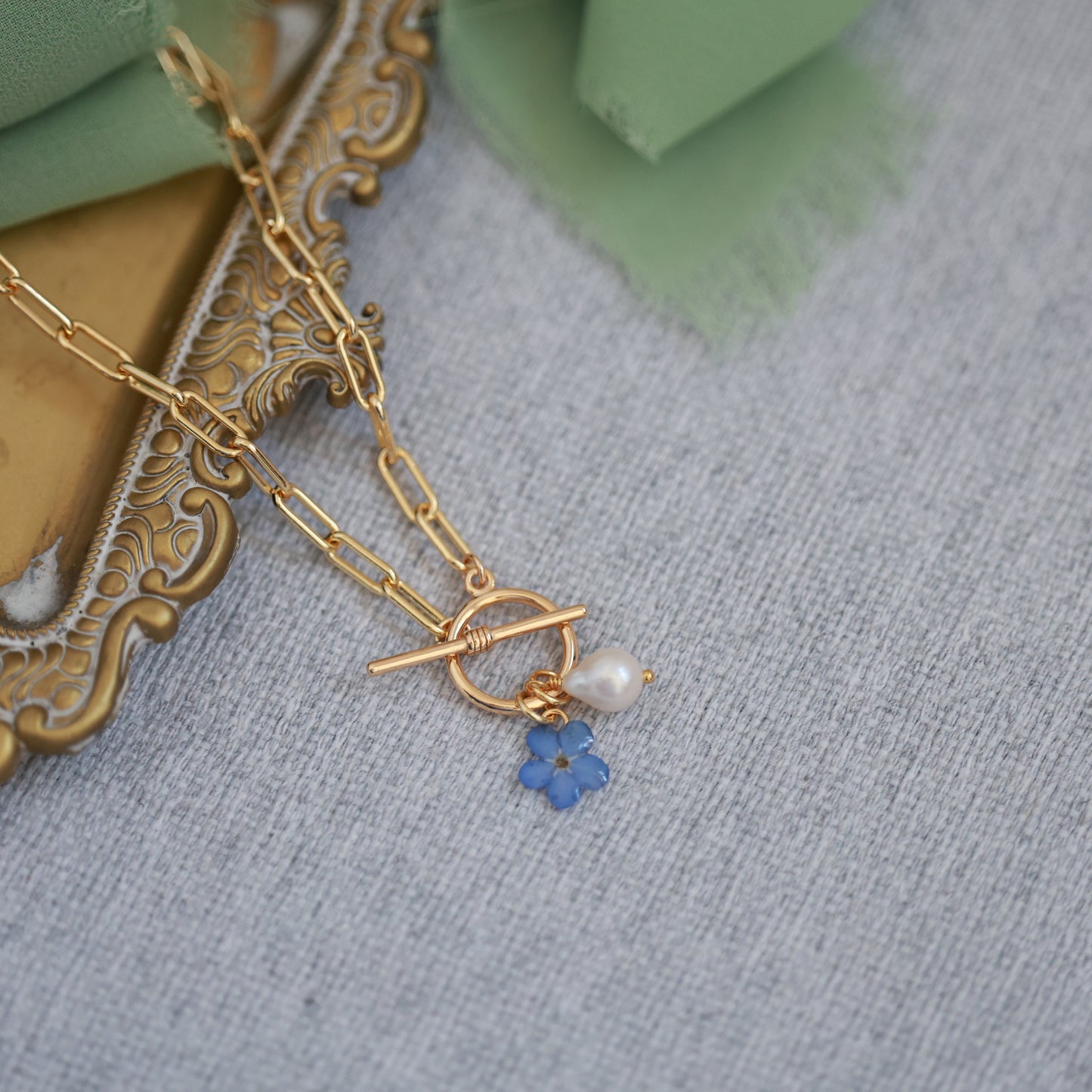 Forget Me not & Freshwater Pearl Necklace with toggle clasp - Gold Plated
