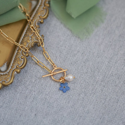 Forget Me not & Freshwater Pearl Necklace with toggle clasp - Gold Plated
