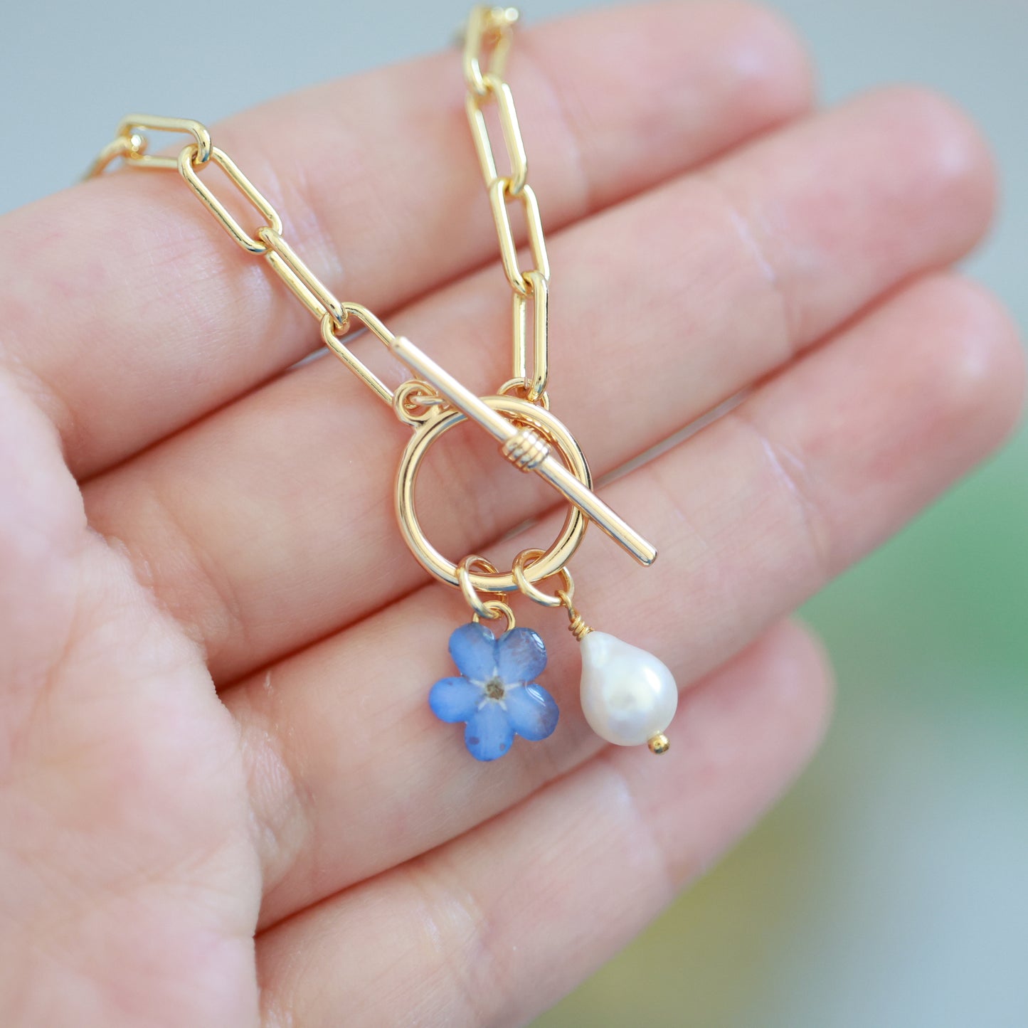 Forget Me not & Freshwater Pearl Necklace with toggle clasp - Gold Plated