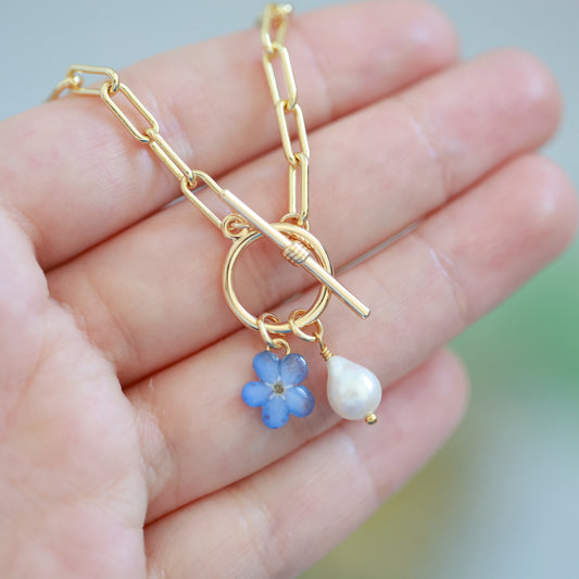 Forget Me not & Freshwater Pearl Necklace with toggle clasp - Gold Plated