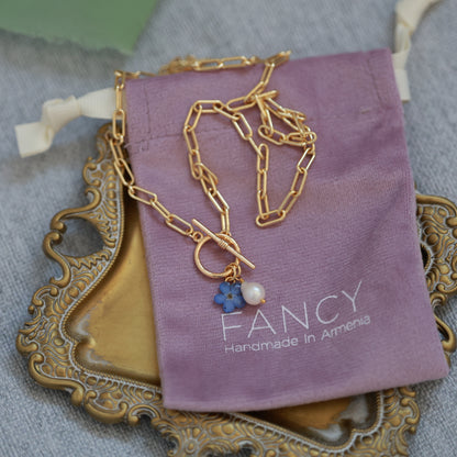 Forget Me not & Freshwater Pearl Necklace with toggle clasp - Gold Plated