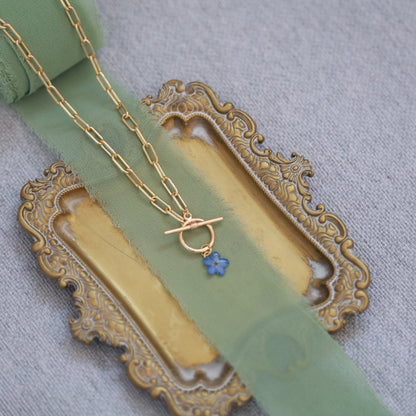 Dried Forget Me Not Flower Necklace with Gold Plated Paperclip Chain