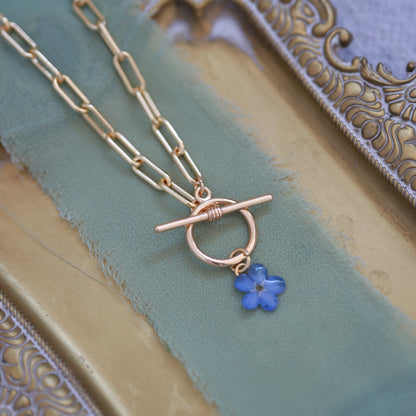 Dried Forget Me Not Flower Necklace with Gold Plated Paperclip Chain