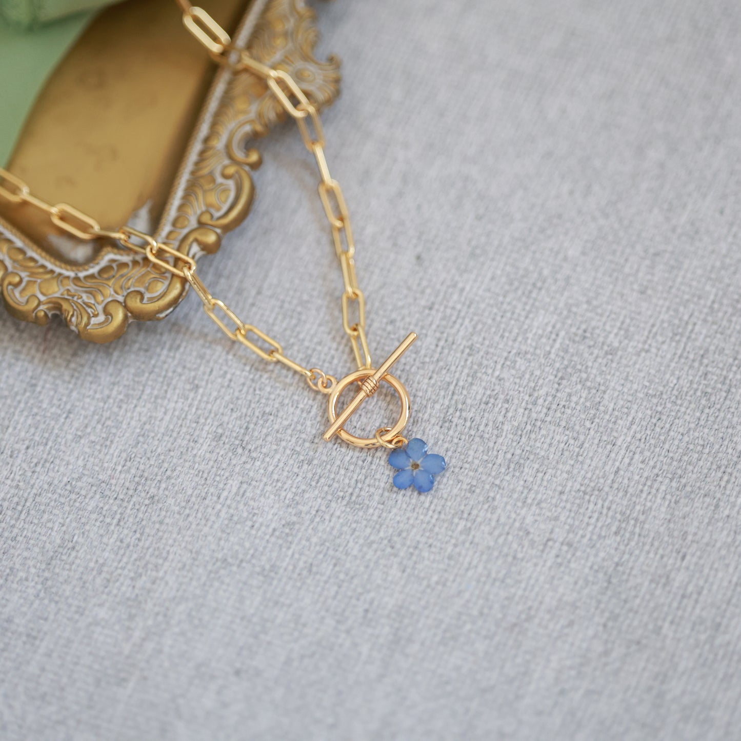 Dried Forget Me Not Flower Necklace with Gold Plated Paperclip Chain
