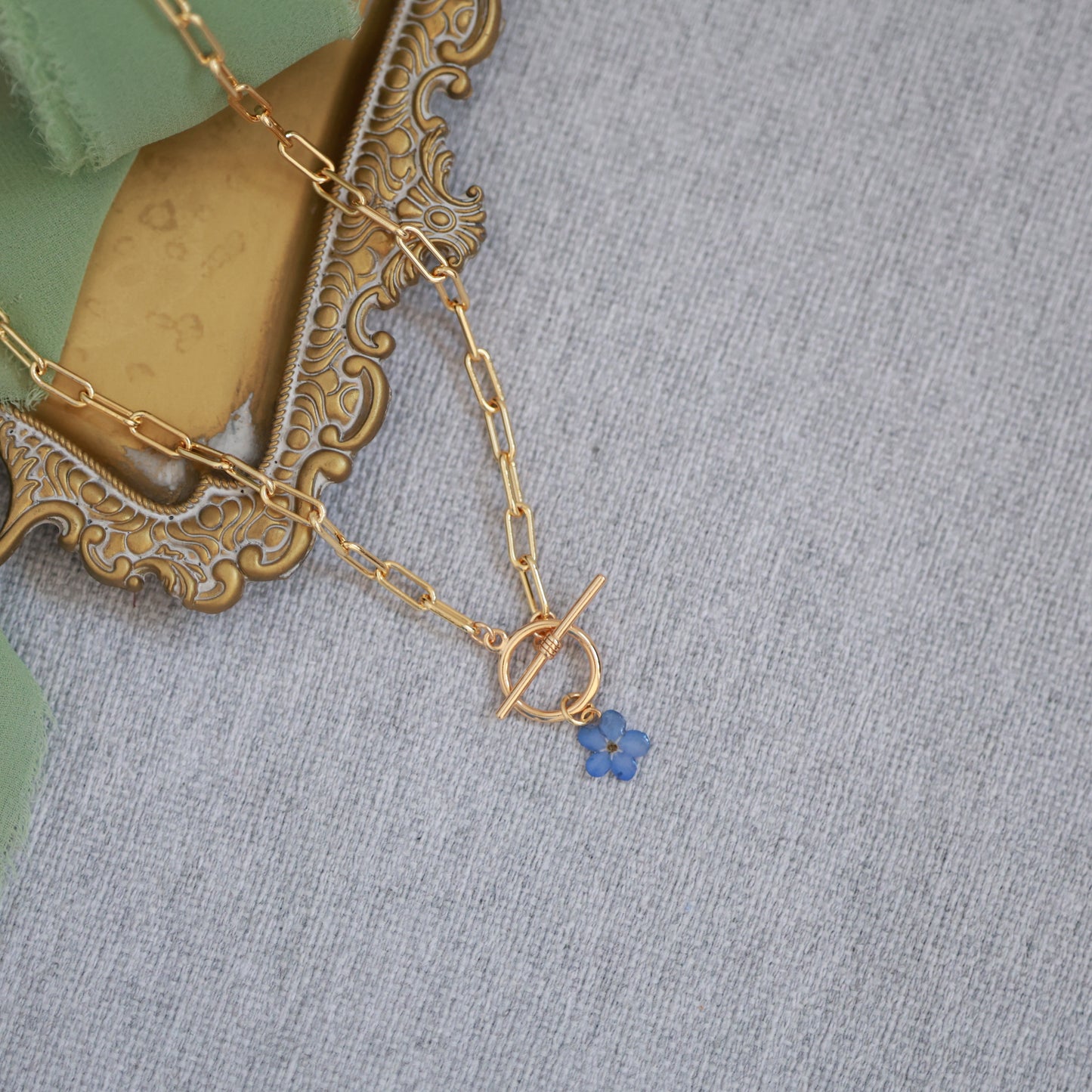 Dried Forget Me Not Flower Necklace with Gold Plated Paperclip Chain