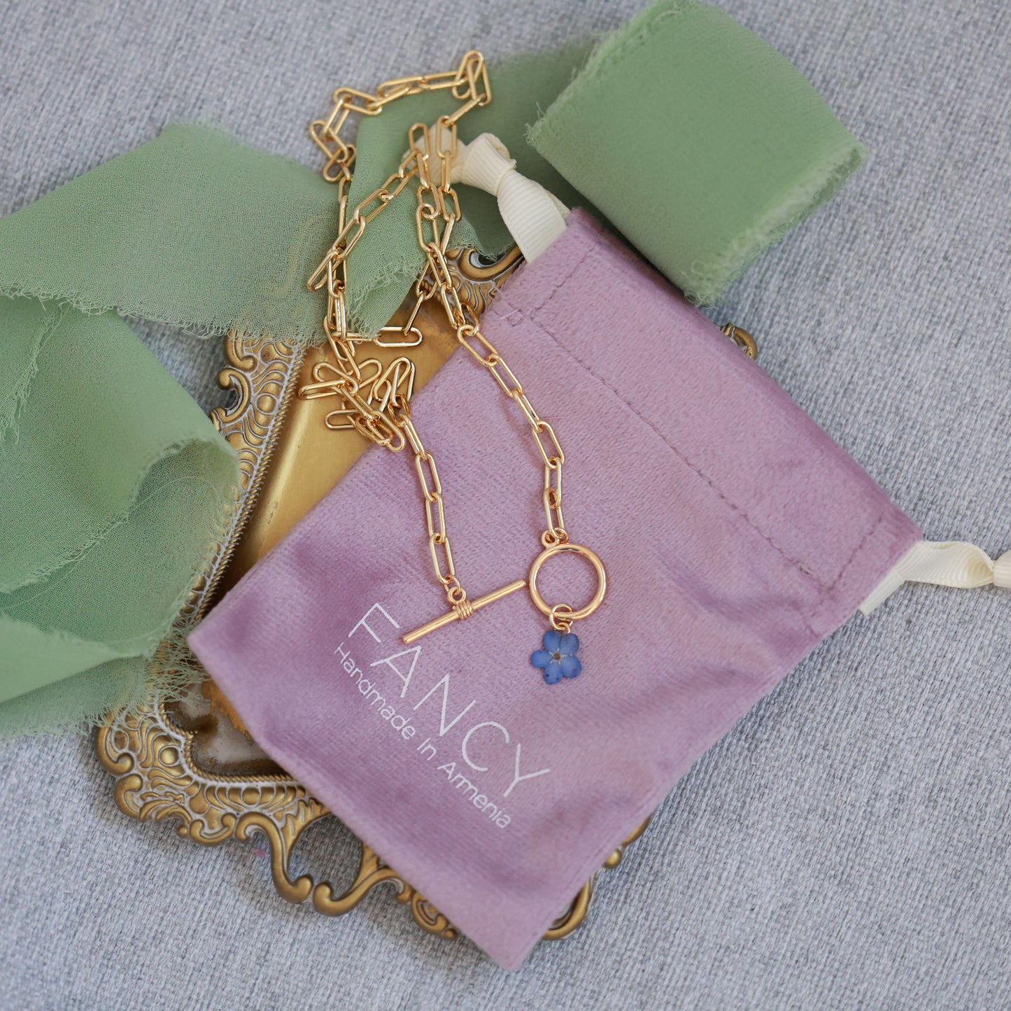 Dried Forget Me Not Flower Necklace with Gold Plated Paperclip Chain