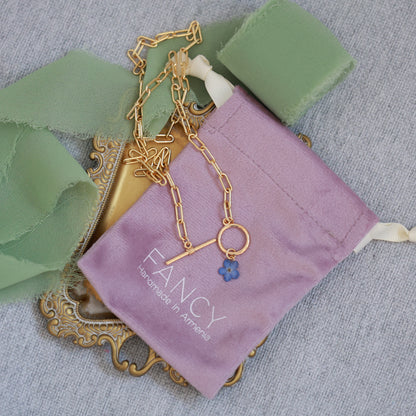 Dried Forget Me Not Flower Necklace with Gold Plated Paperclip Chain
