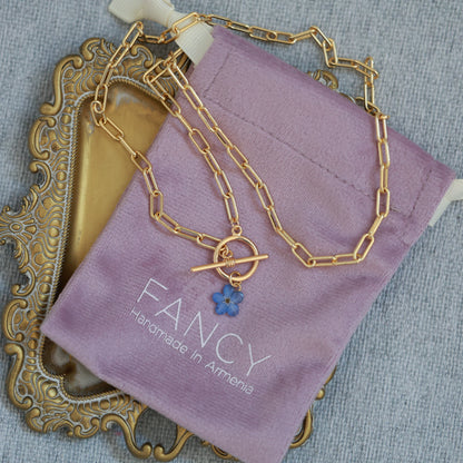 Dried Forget Me Not Flower Necklace with Gold Plated Paperclip Chain