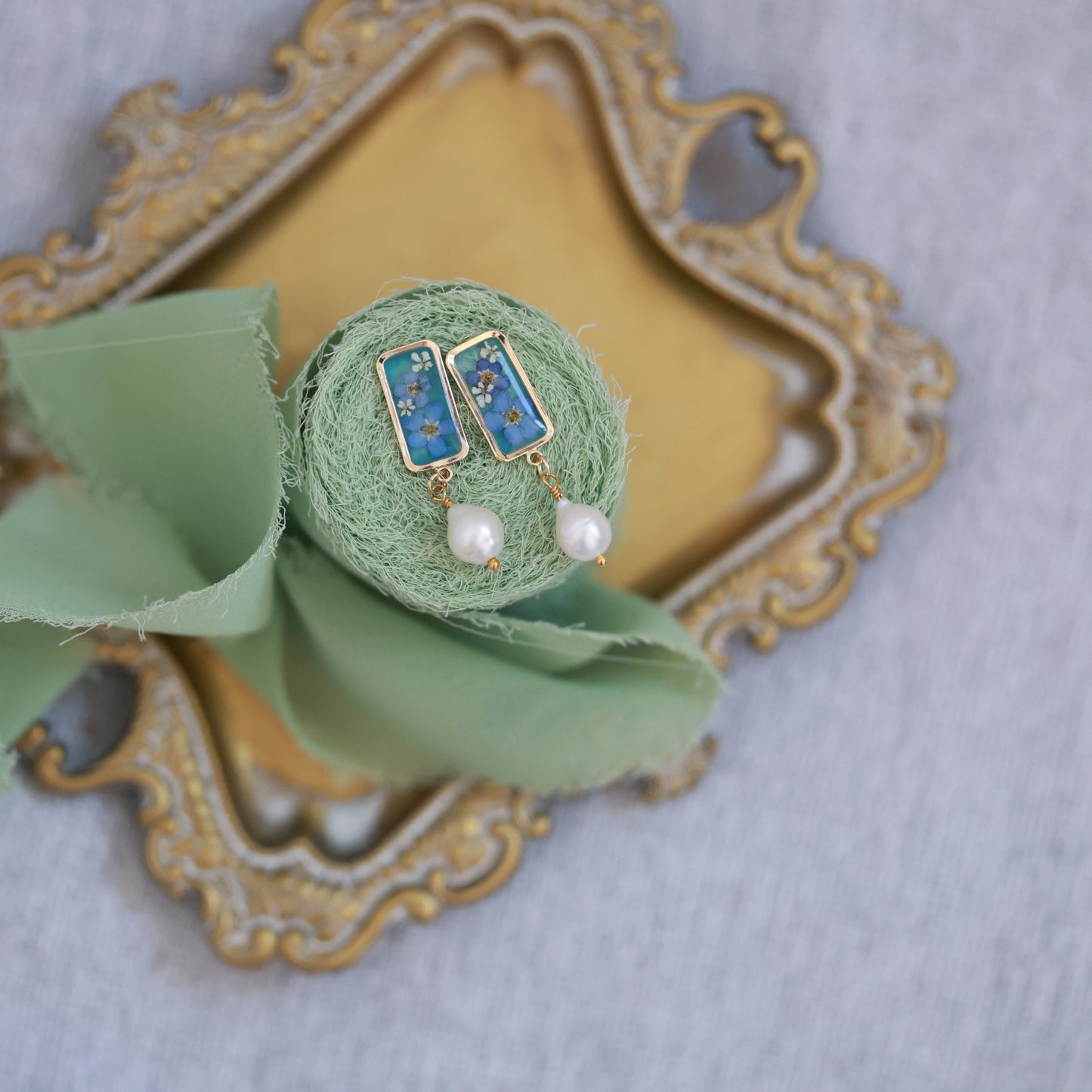 Forget Me Not Flower & Freshwater Pearl Earrings - Gold Plated