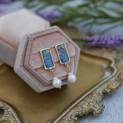 Forget Me Not Flower & Freshwater Pearl Earrings - Gold Plated