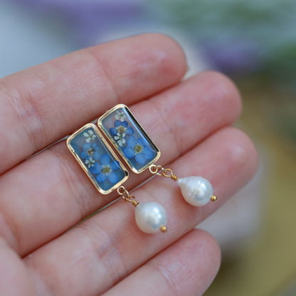 Forget Me Not Flower & Freshwater Pearl Earrings - Gold Plated