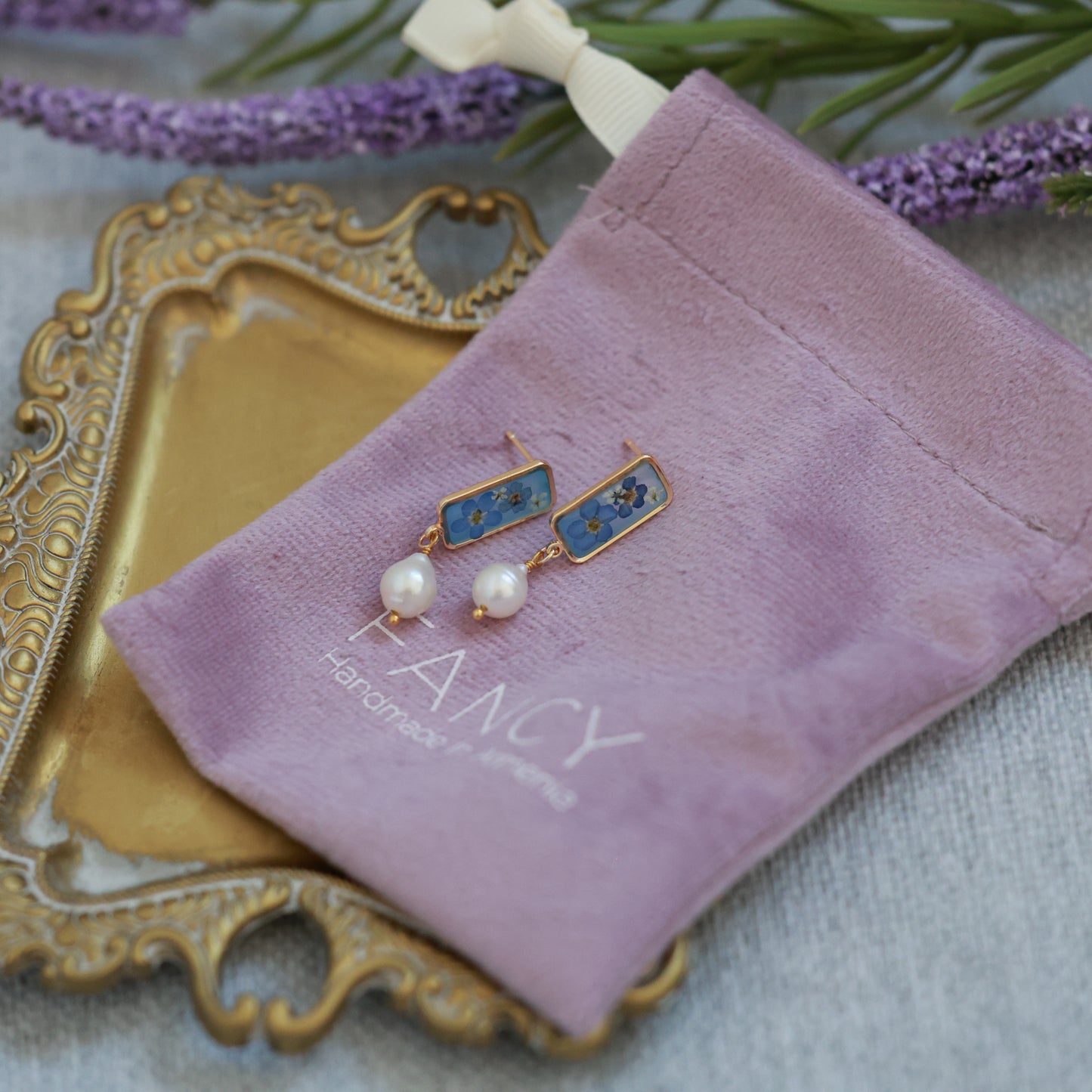 Forget Me Not Flower & Freshwater Pearl Earrings - Gold Plated
