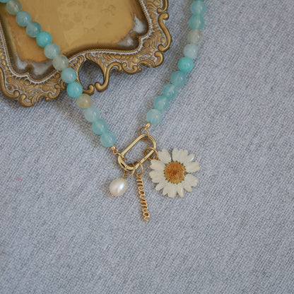 Blue Agate "Mama" Necklace with Daisy & FreshWater Pearl
