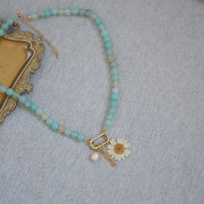 Blue Agate "Mama" Necklace with Daisy & FreshWater Pearl