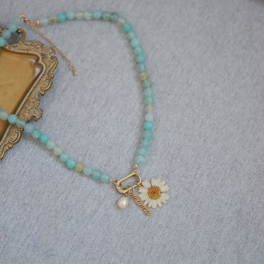 Blue Agate "Mama" Necklace with Daisy & FreshWater Pearl