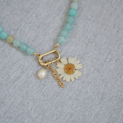 Blue Agate "Mama" Necklace with Daisy & FreshWater Pearl