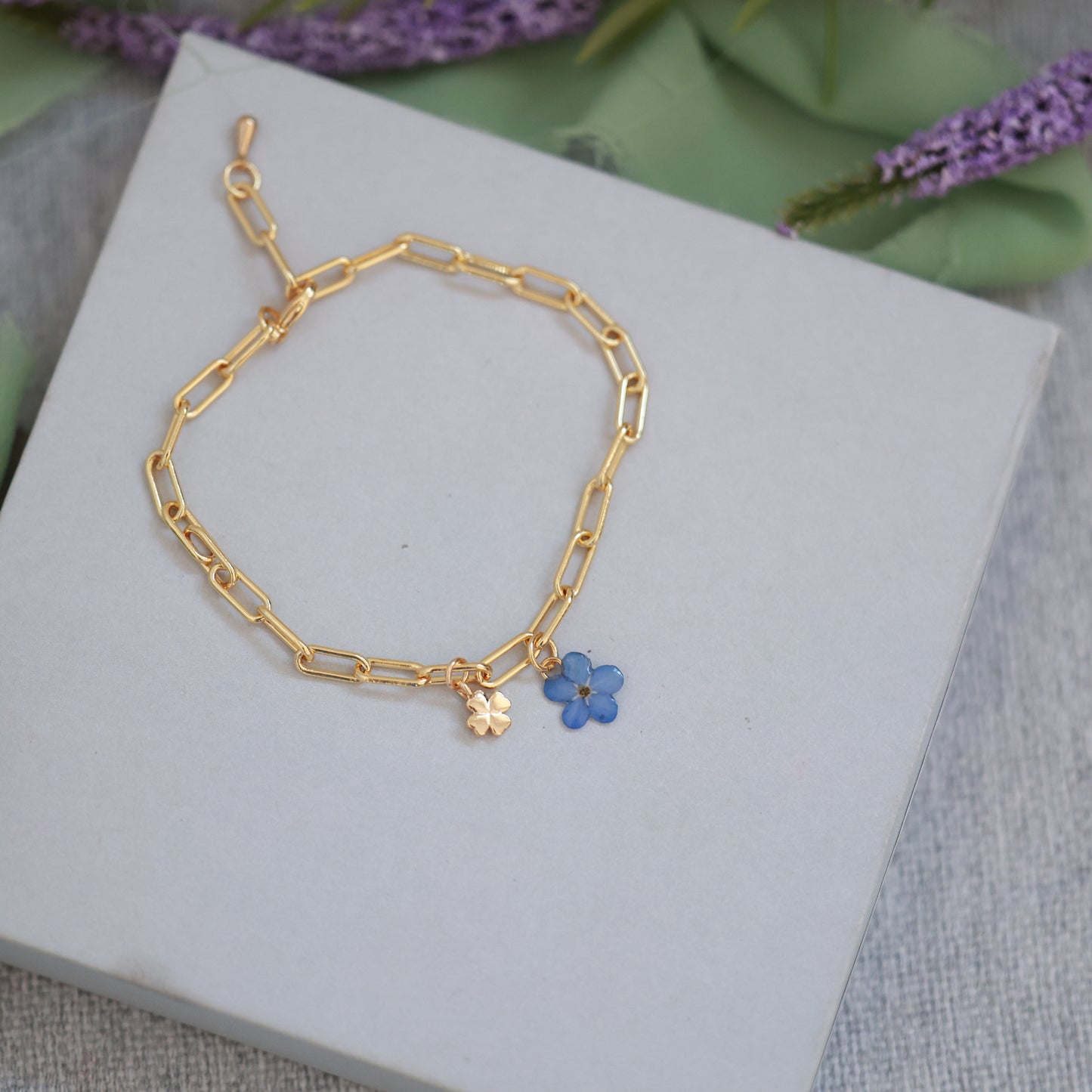 Real Forget-Me-Not Flower Brcelet with Lucky Clover Charm | Gold plated Brass Handmade Jewelry