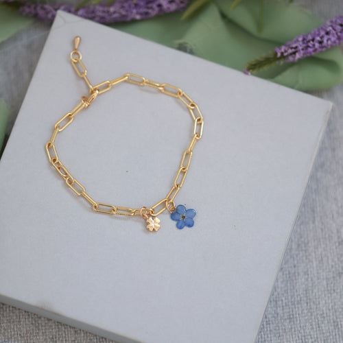 Real Forget-Me-Not Flower Brcelet with Lucky Clover Charm | Gold plated Brass Handmade Jewelry