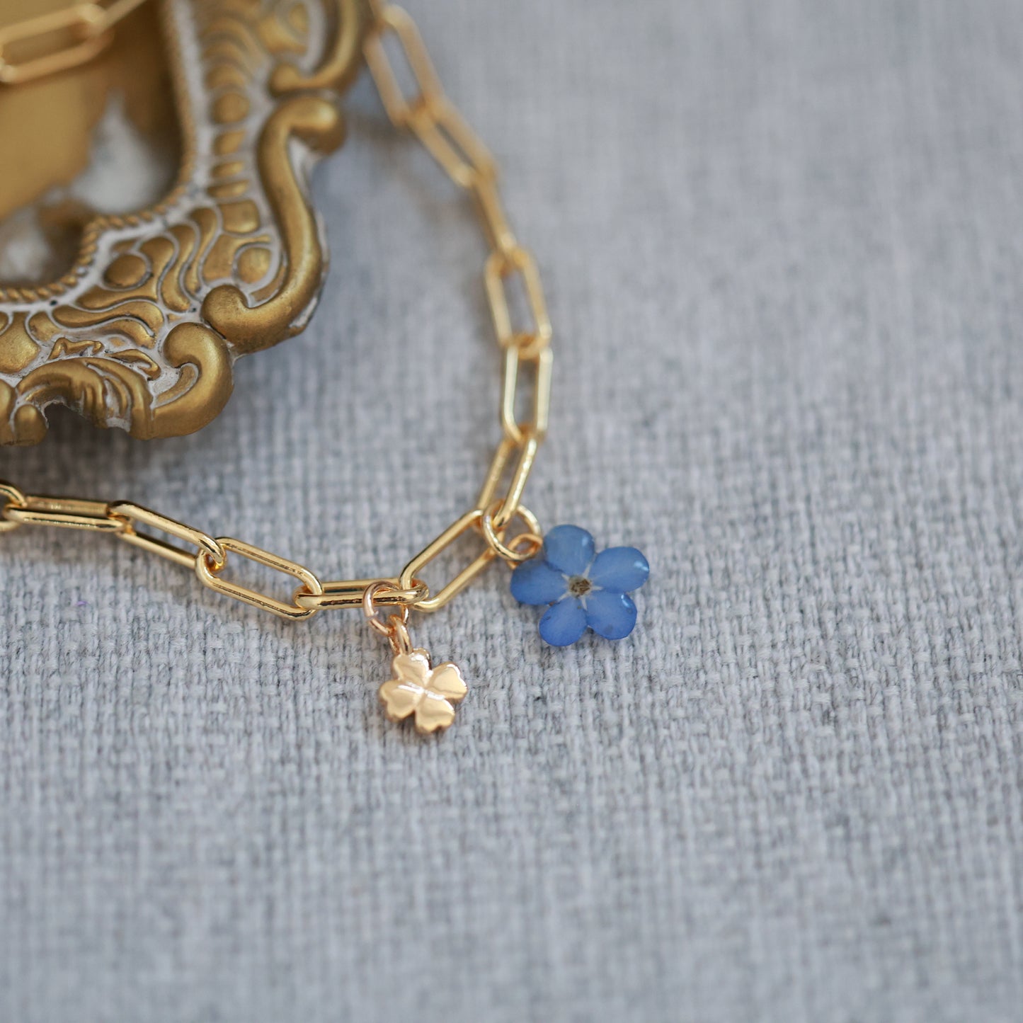 Real Forget-Me-Not Flower Brcelet with Lucky Clover Charm | Gold plated Brass Handmade Jewelry