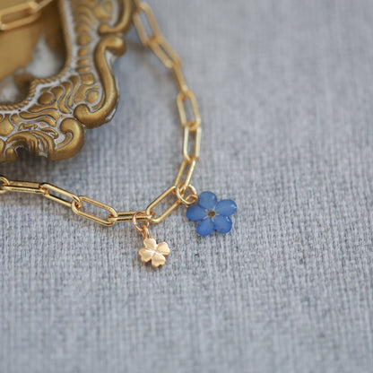 Real Forget-Me-Not Flower Brcelet with Lucky Clover Charm | Gold plated Brass Handmade Jewelry