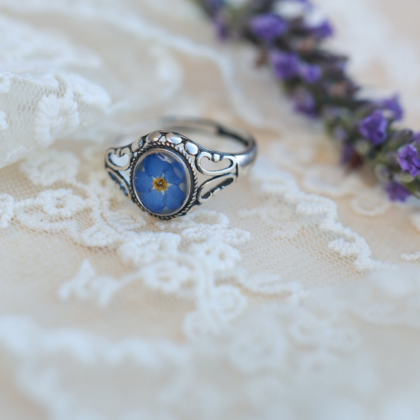 Vintage blue silver  ring Forget Me Not , Adjustable