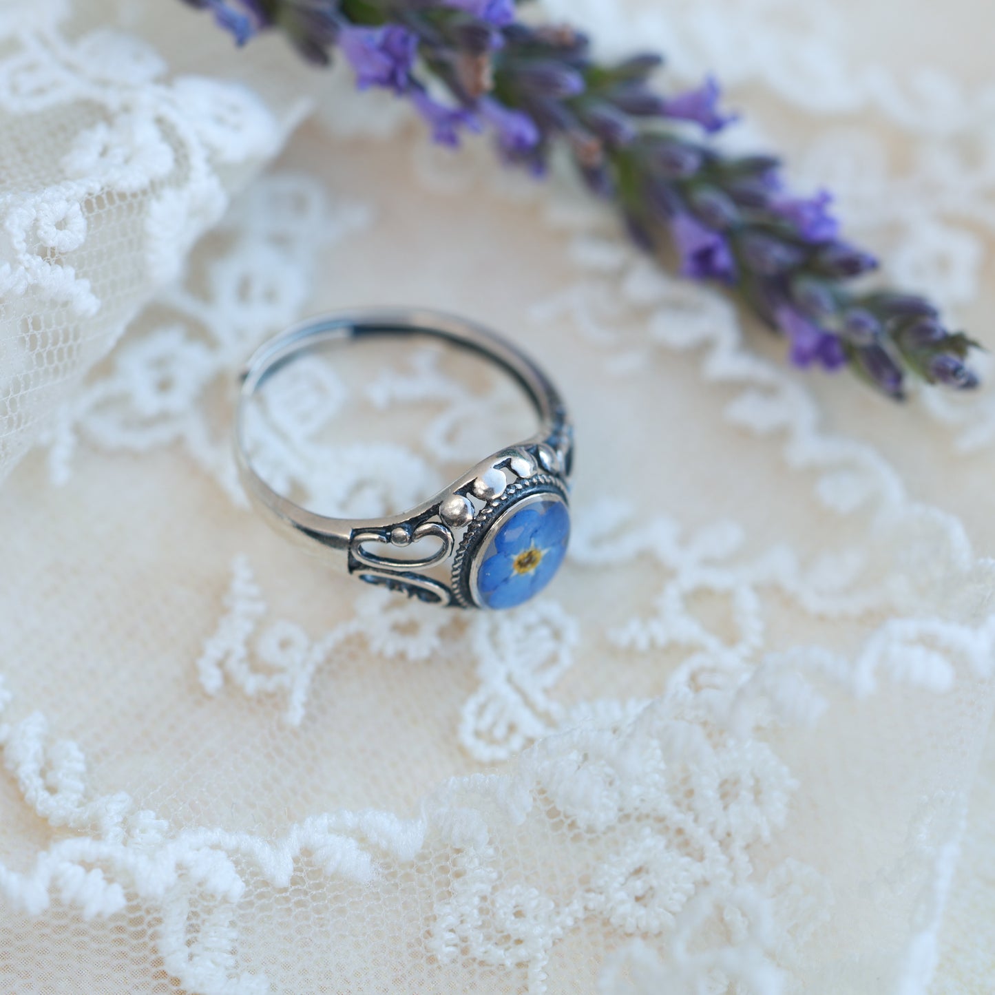 Vintage blue silver  ring Forget Me Not , Adjustable