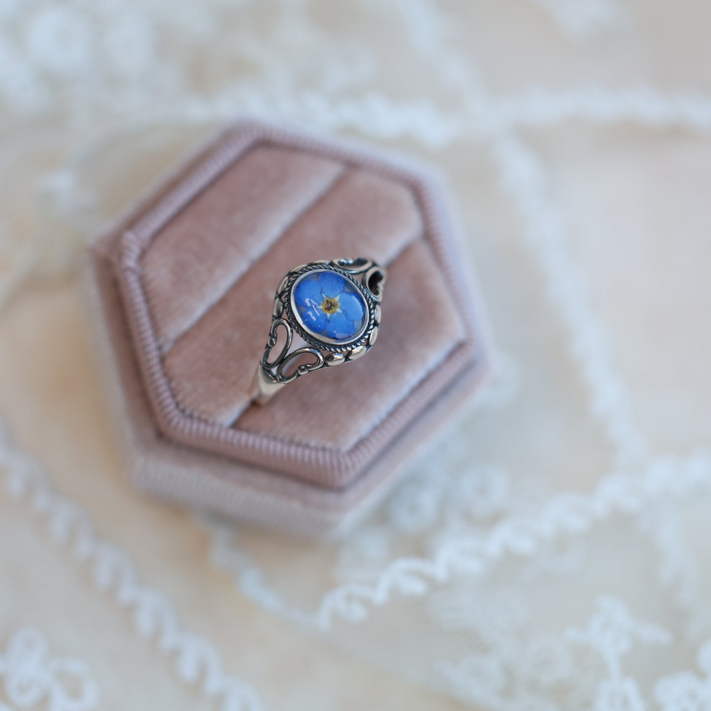 Vintage blue silver  ring Forget Me Not , Adjustable